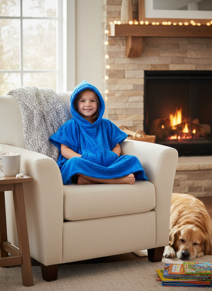 Child in poncho at home