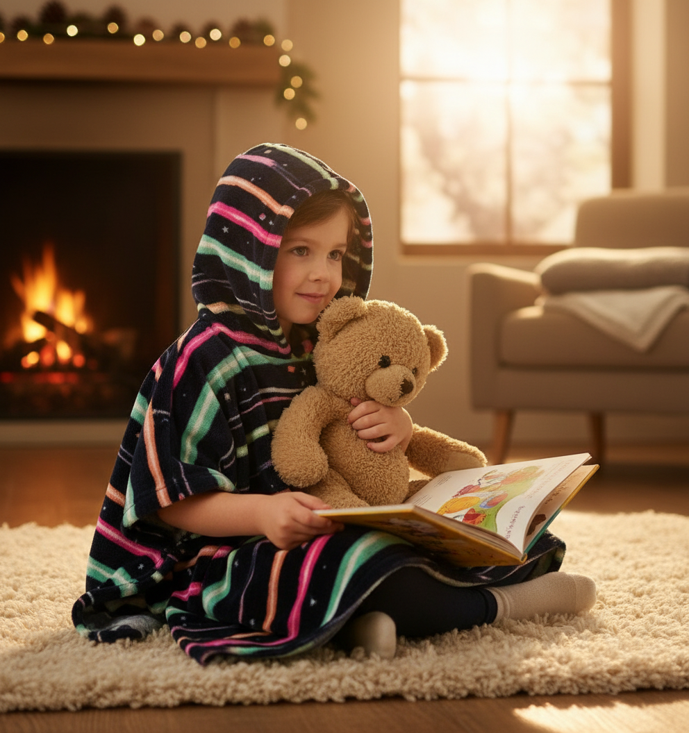 Child in striped poncho by fireplace