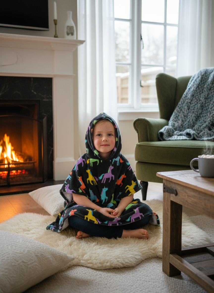 Child in unicorn poncho at home