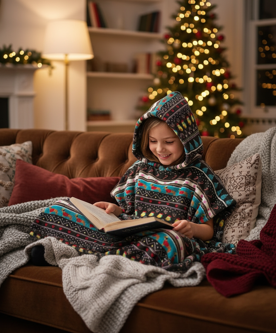 Child reading in festive poncho