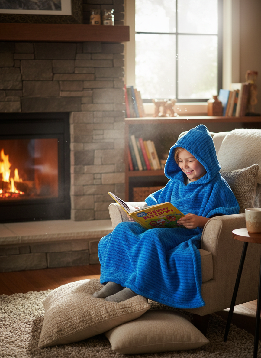 Child reading in poncho