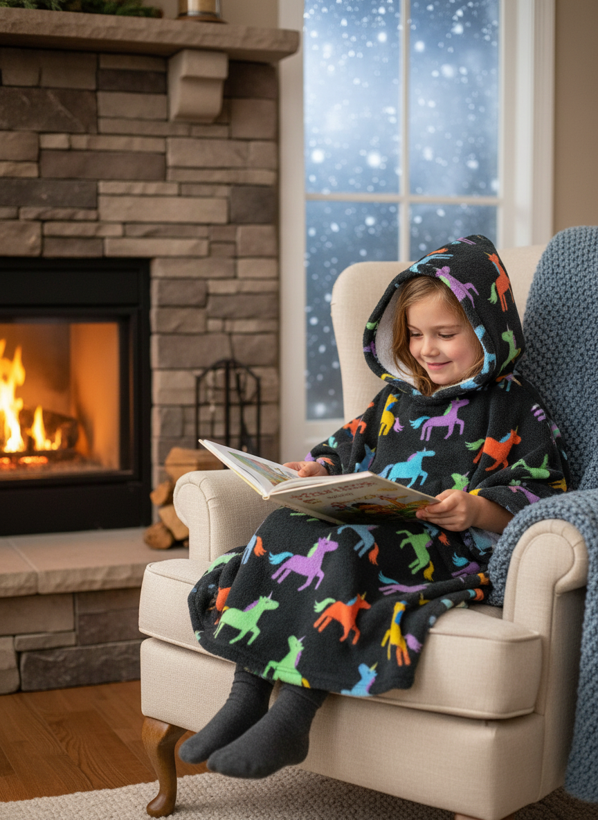 Child reading in unicorn poncho