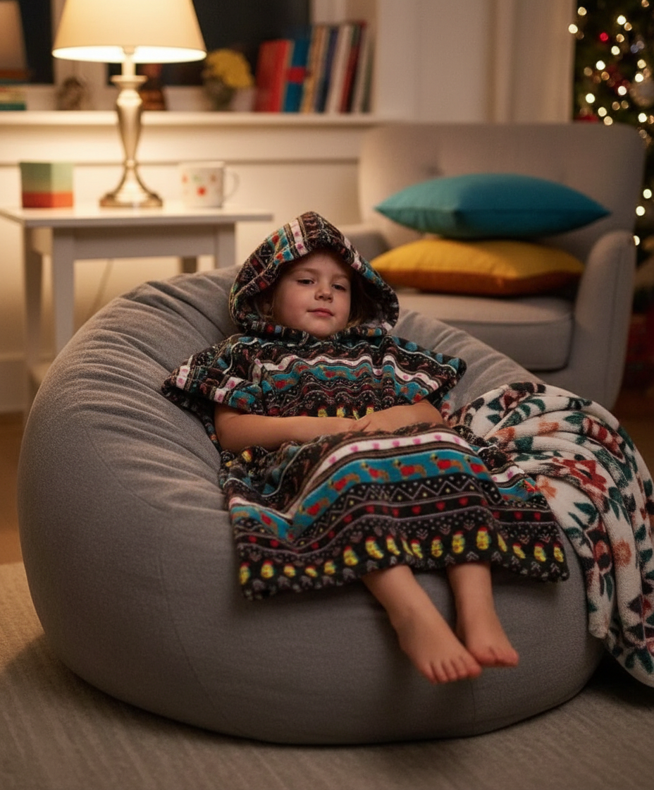 Child relaxing in festive poncho