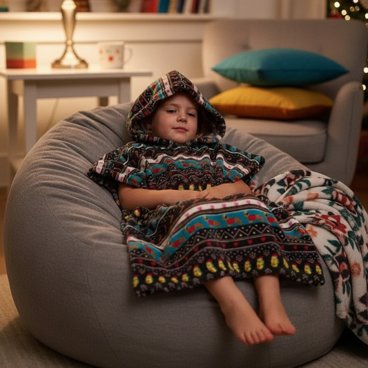 Child relaxing in festive poncho