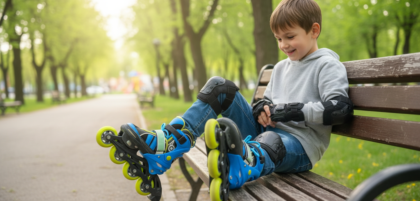 Child sitting with roller skates on, ready to skate