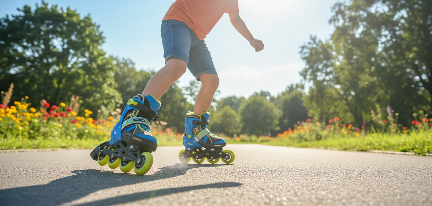 Child skating outdoors in blue and yellow roller skates