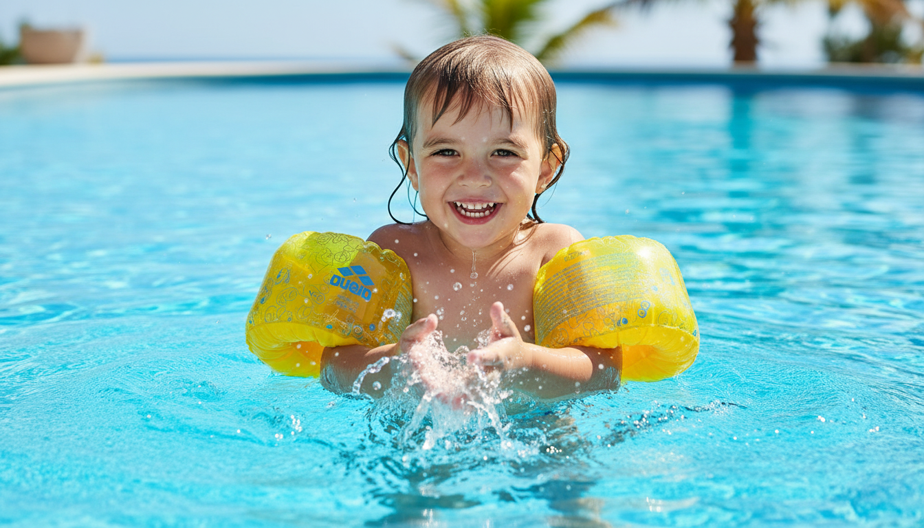 Child wearing arena floating armbands in pool