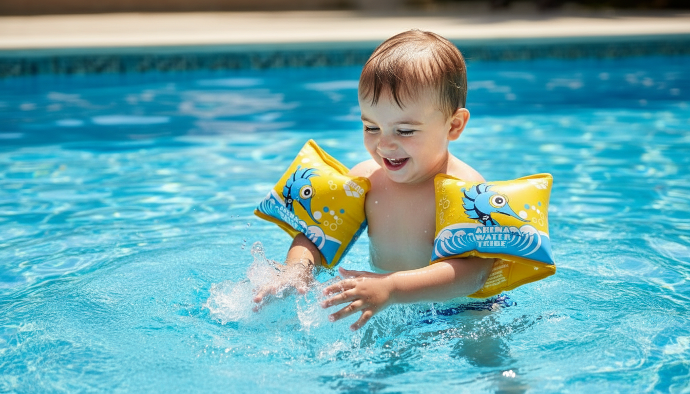 Child wearing armbands in pool