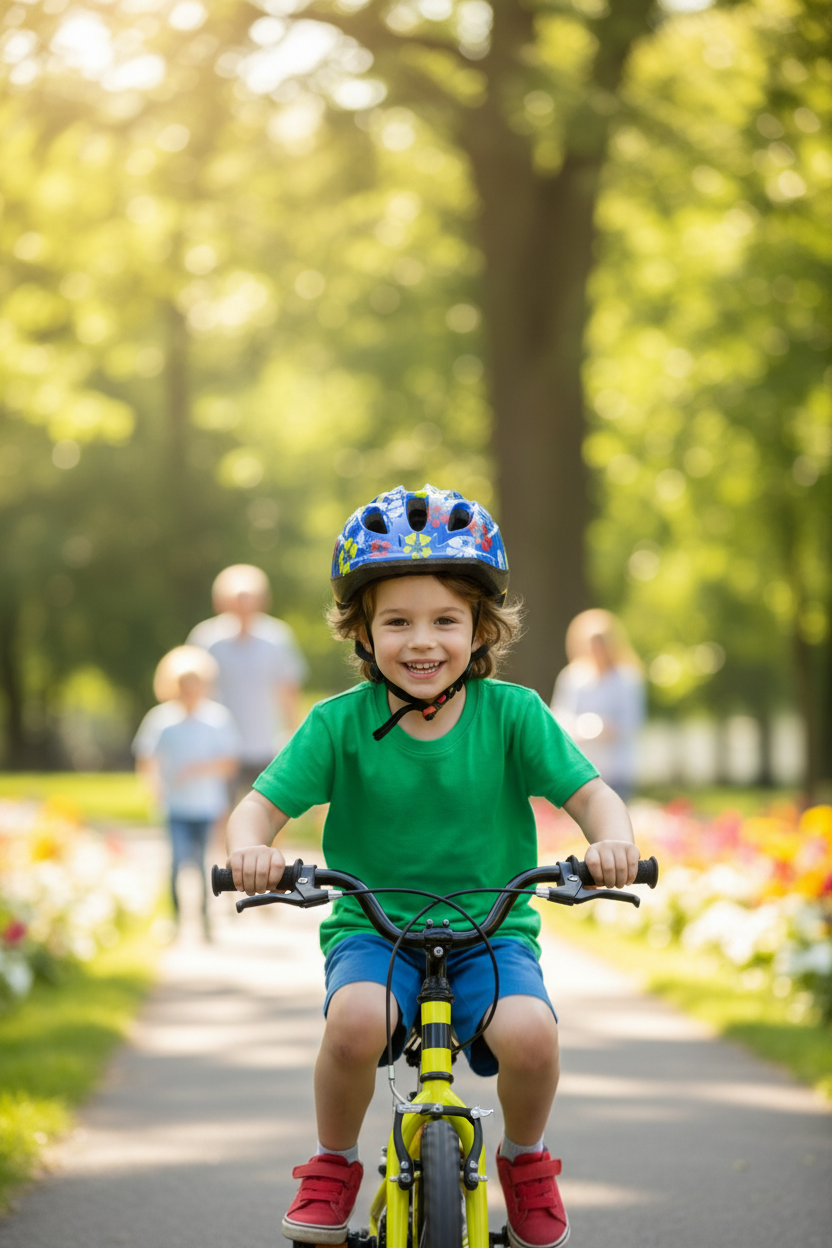 Child wearing blue floral helmet lifestyle photo