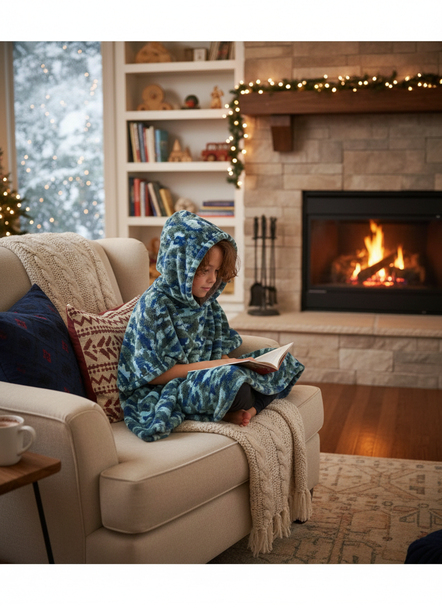 Child wearing camo poncho in cozy living room