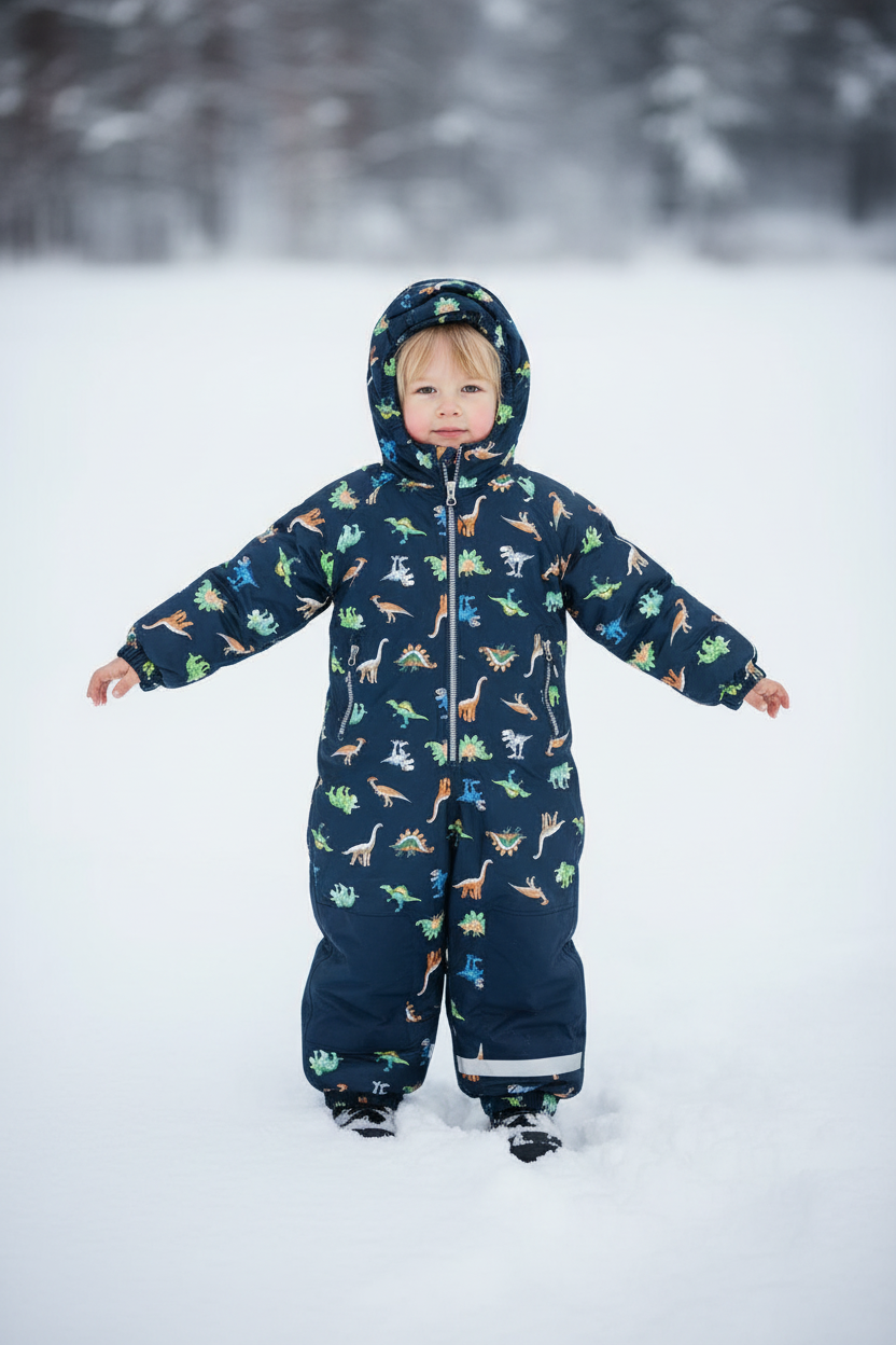 Child Wearing Dinosaur Snowsuit - Standing Pose