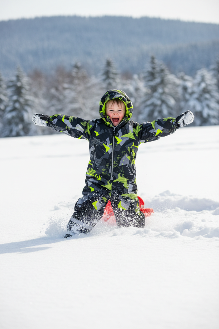 Child Wearing Neon Yellow Camo Snowsuit - Lifestyle Photo