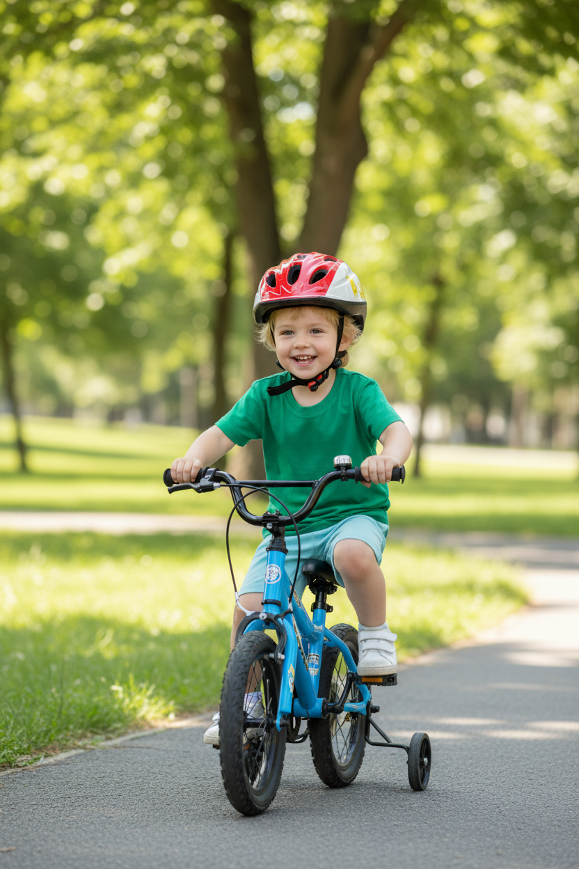 Child wearing red helmet on bicycle