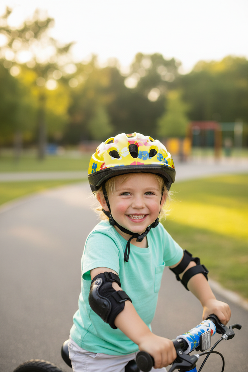 Child wearing yellow floral helmet