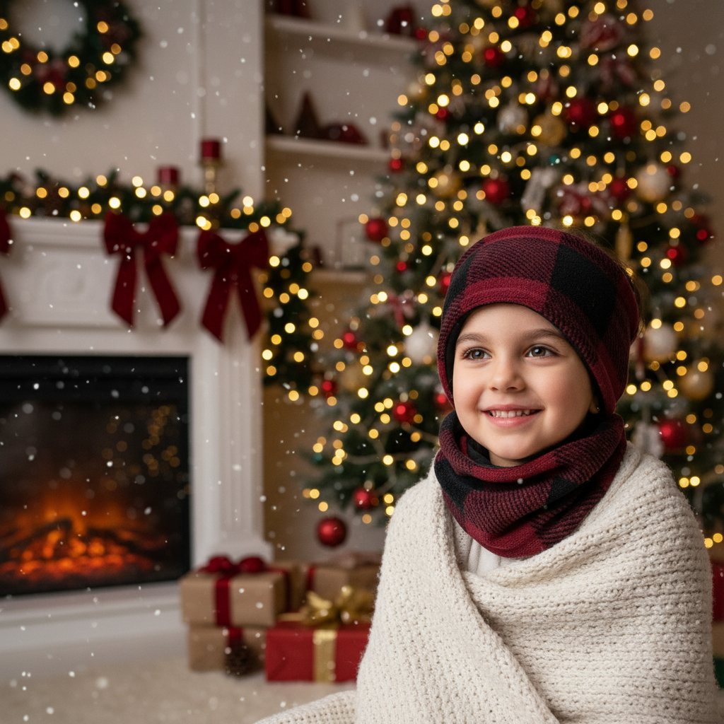 Child with burgundy plaid headgear and Christmas tree
