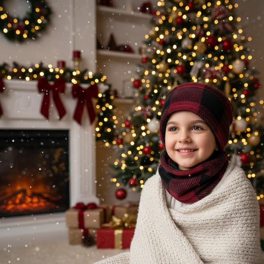 Child with burgundy plaid headgear and Christmas tree