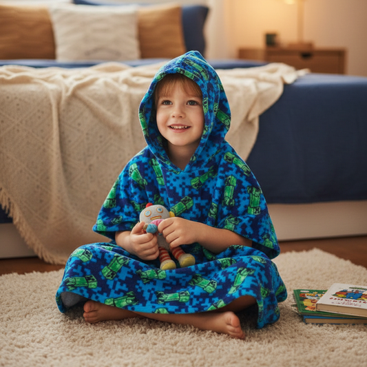 Child with hood up in warm bedroom