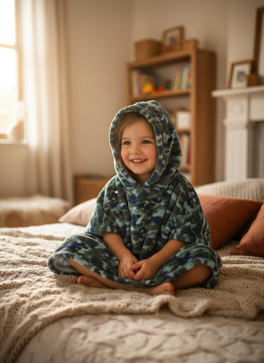Child with hood up in warm bedroom
