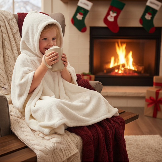 Child with Hot Chocolate by Fireplace