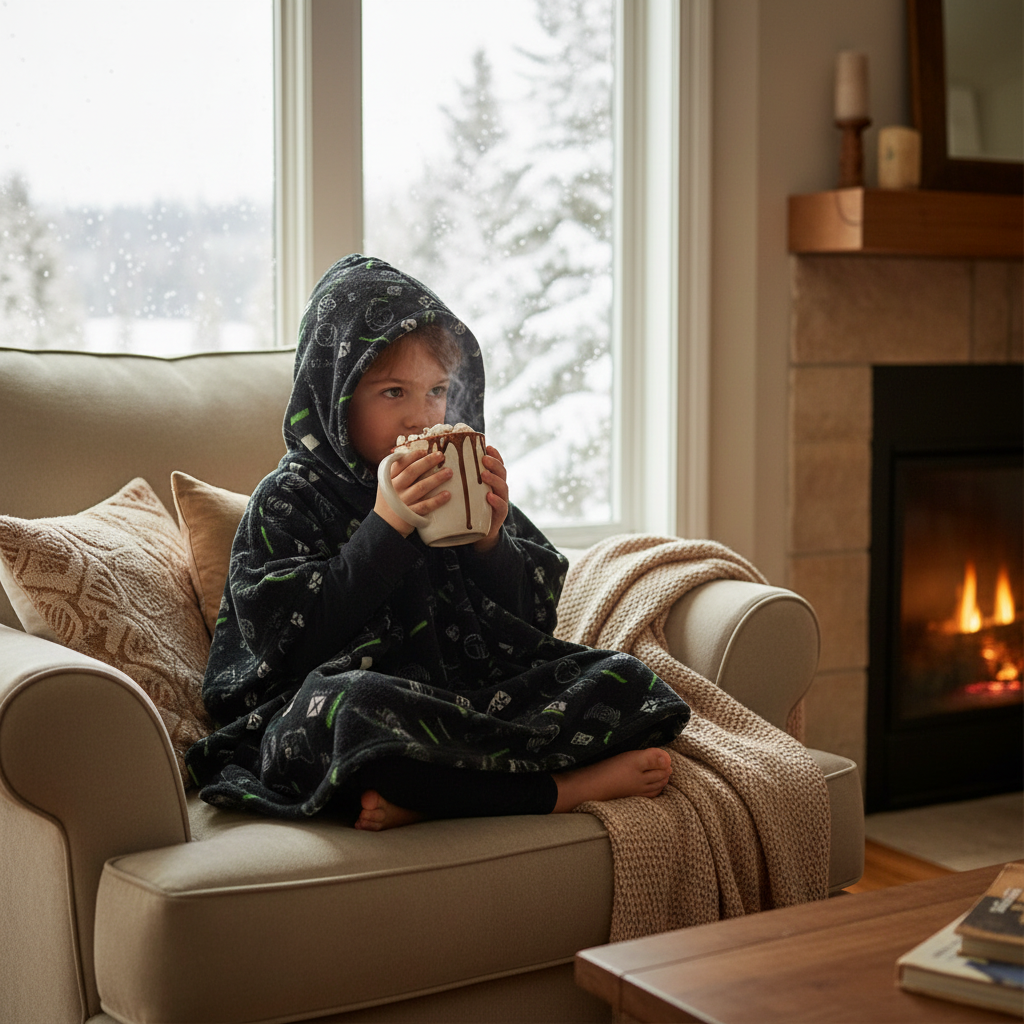 Child with hot chocolate in poncho