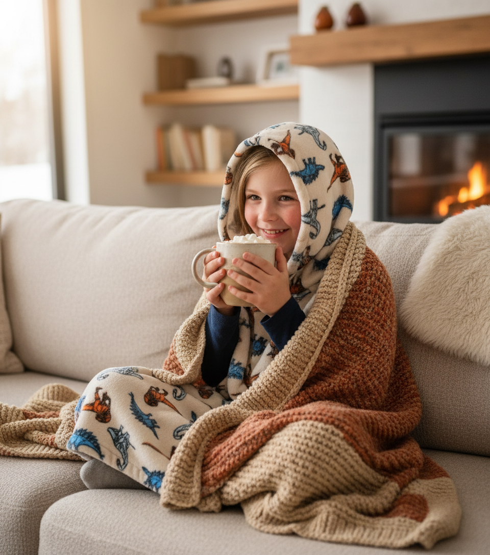 Child with hot cocoa on sofa