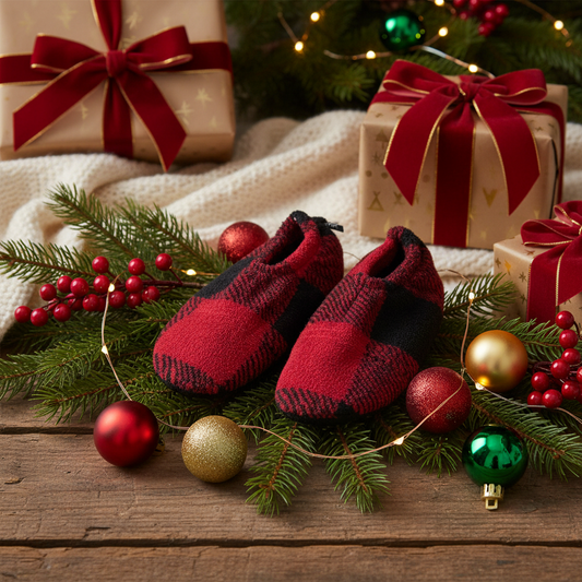 Christmas themed square image of red plaid slippers