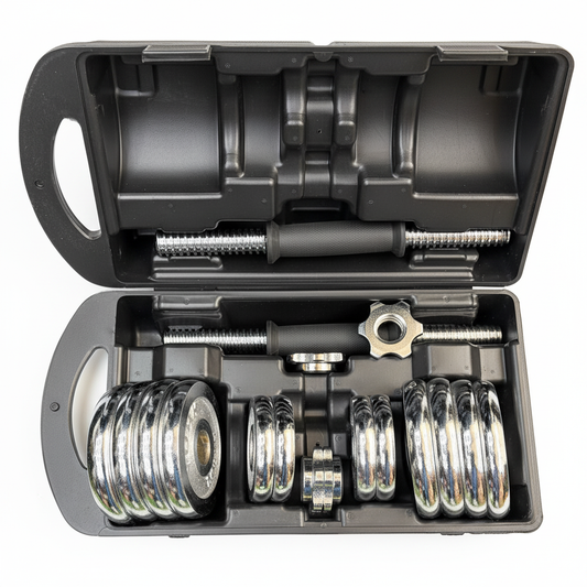 Chrome dumbbell set with case - white background