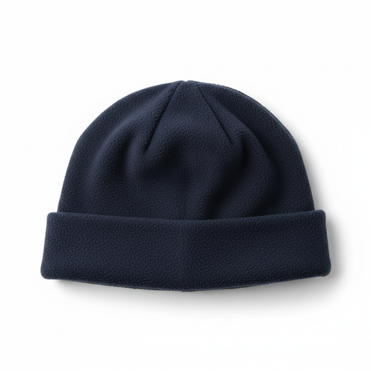 Clean product photo of navy beanie