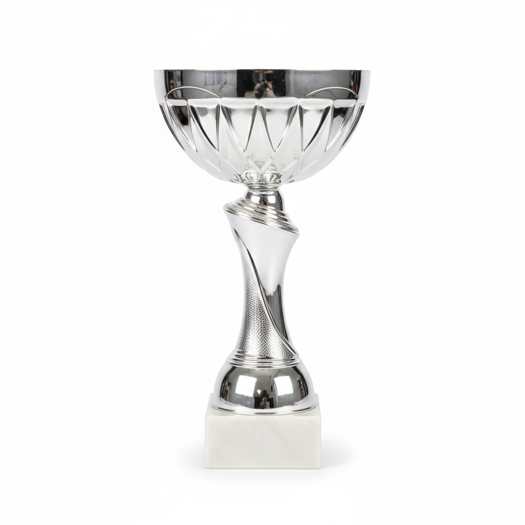 Clean product photo of silver trophy