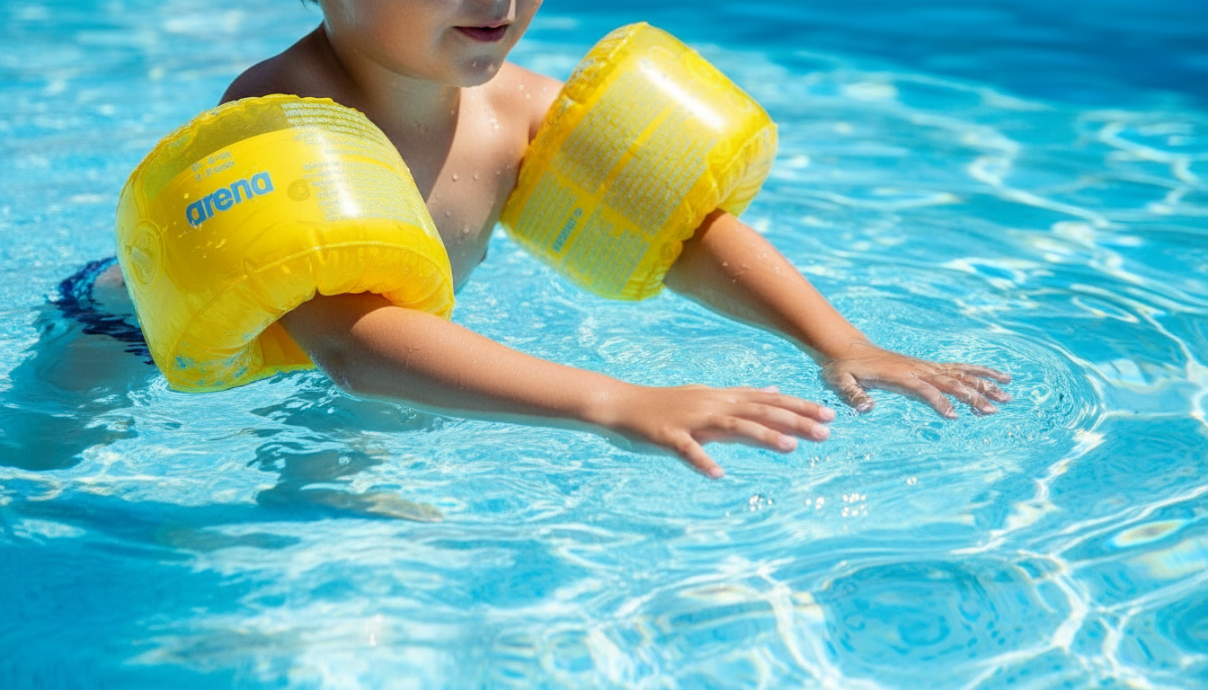 Close-up of child swimming with armbands