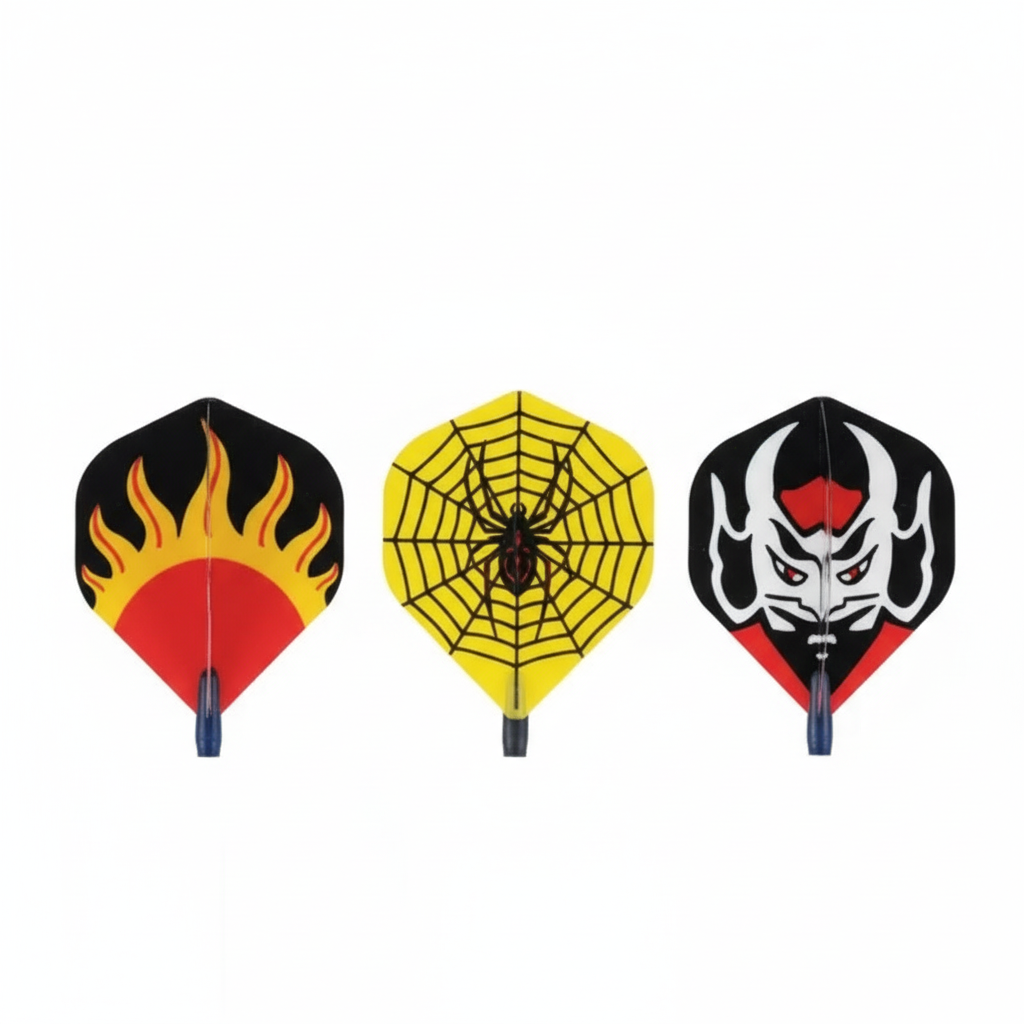 Close-up of flame, spider web, and skull flight designs