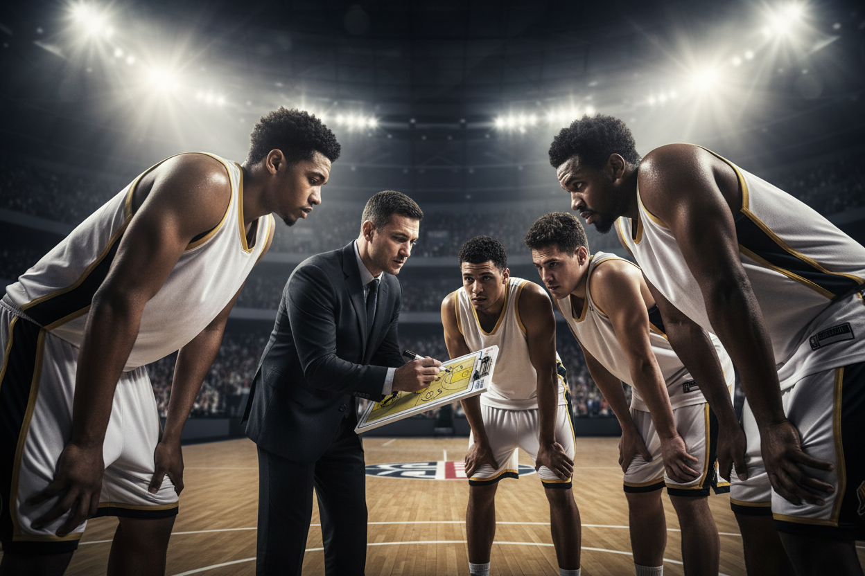 Coach drawing plays on basketball tactics board timeout