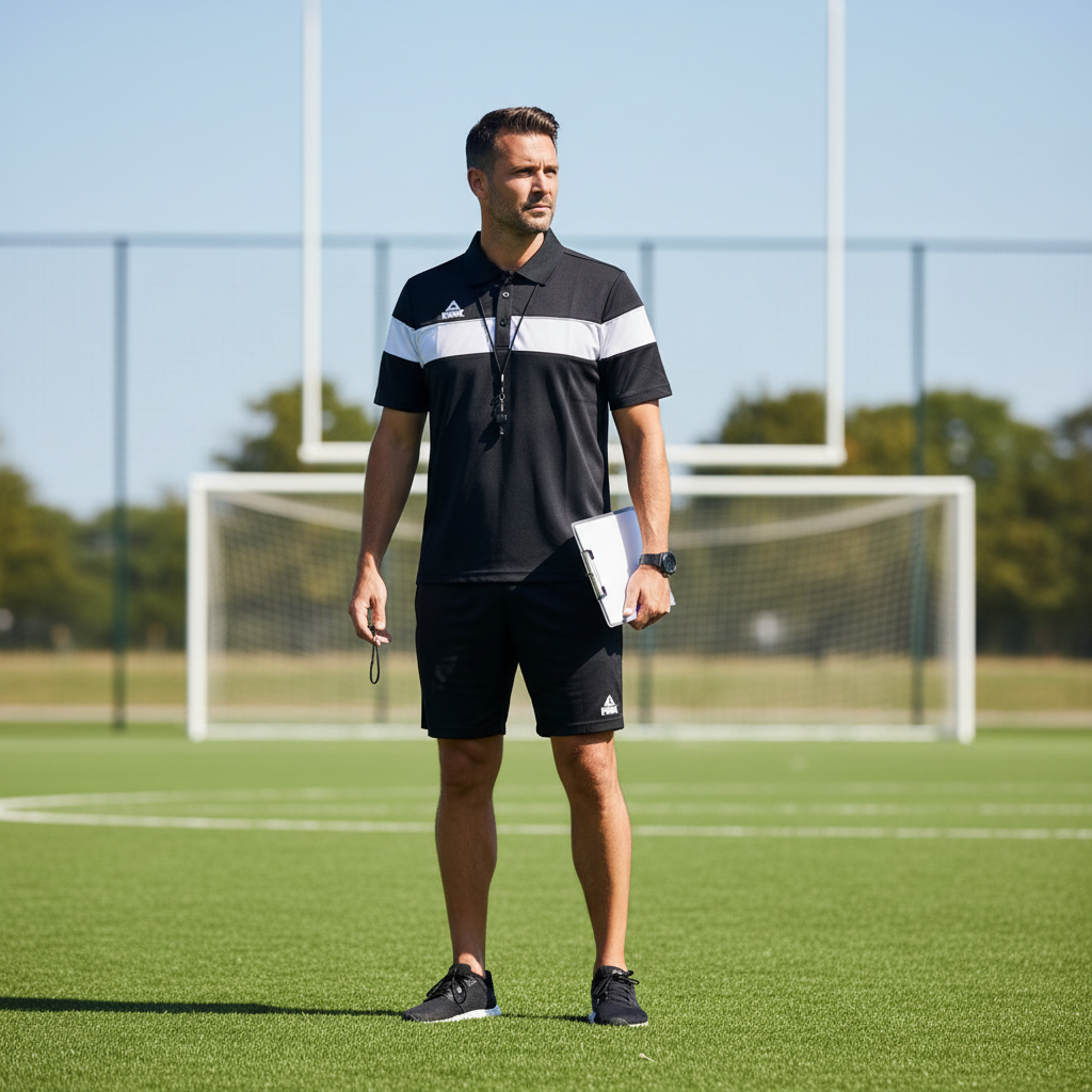 Coach wearing black and white Peak polo alone on football field