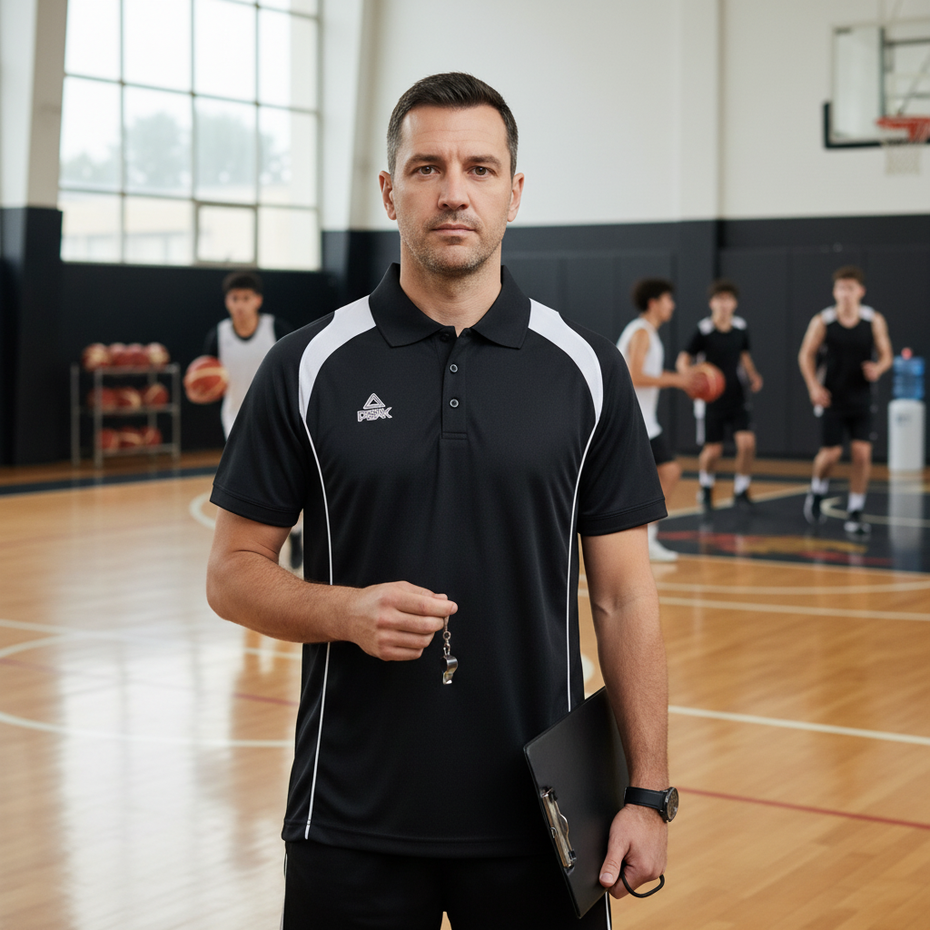 Coach wearing black and white Peak polo on sports field