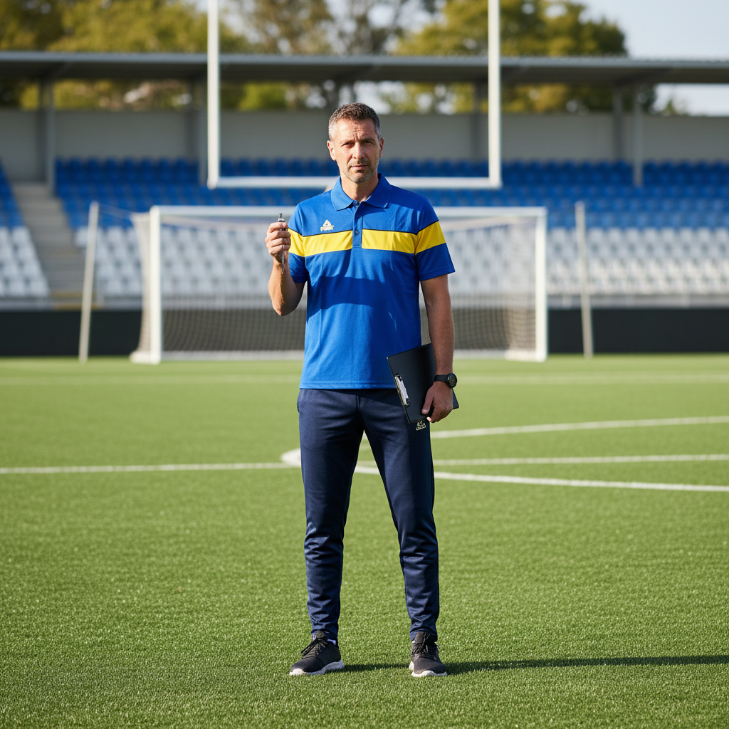Coach wearing blue and yellow Peak polo alone on sports field