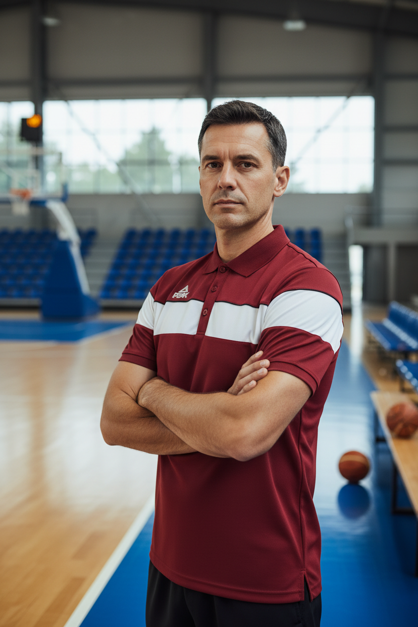 Coach wearing burgundy PEAK polo