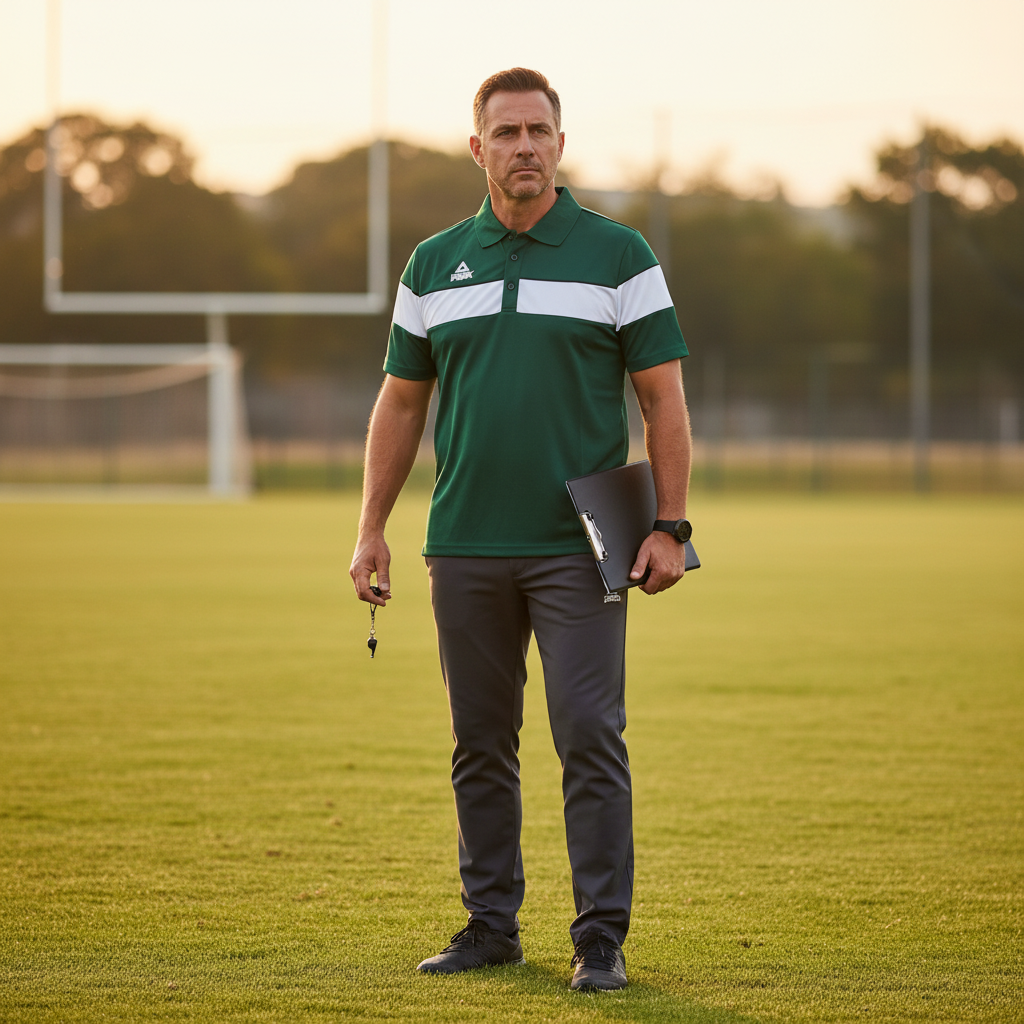 Coach wearing dark green and white Peak polo alone on sports field