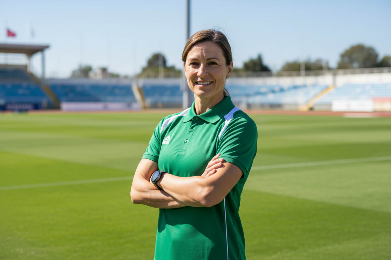 Coach wearing green PEAK polo shirt