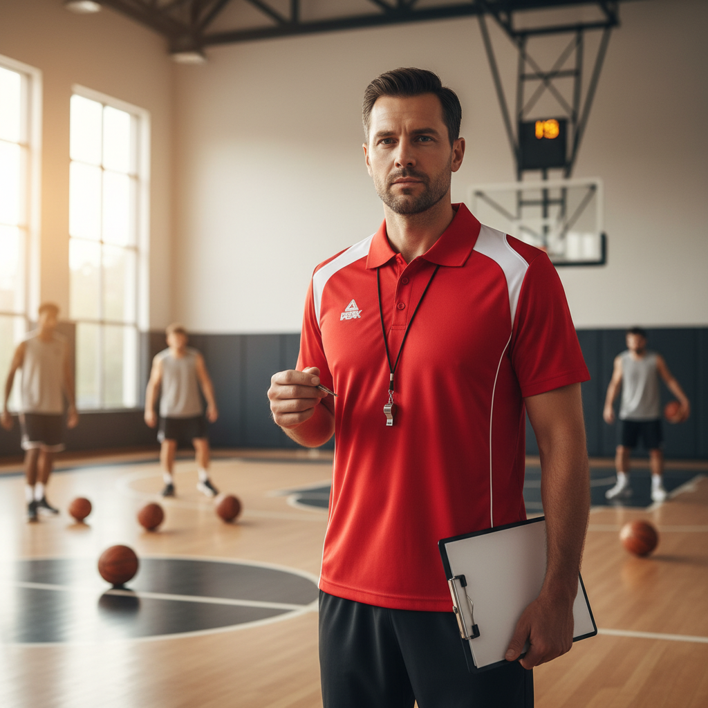 Coach wearing red and white Peak polo on sports field