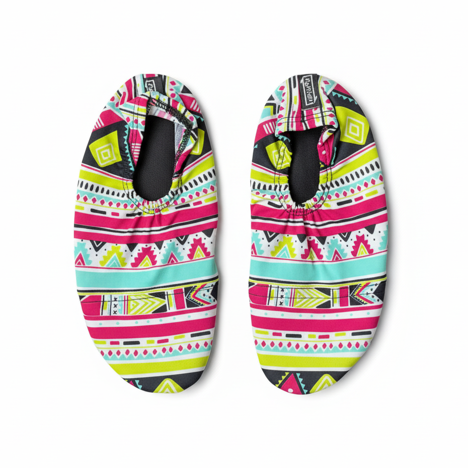 Colorful patterned water shoes on white background
