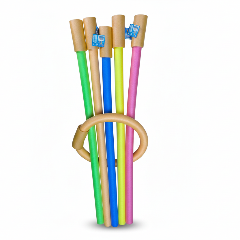 Colorful pool noodles on white background