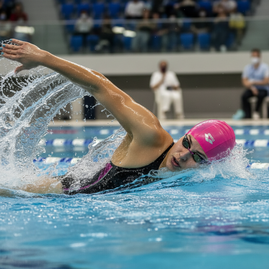Competitive swimmer in backstroke wearing pink Arena cap