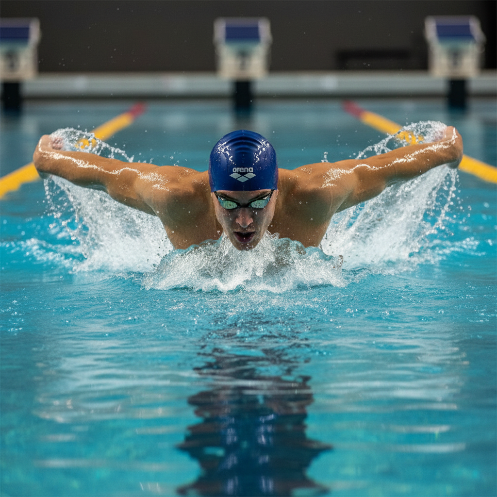 Competitive swimmer in butterfly stroke wearing royal blue Arena cap