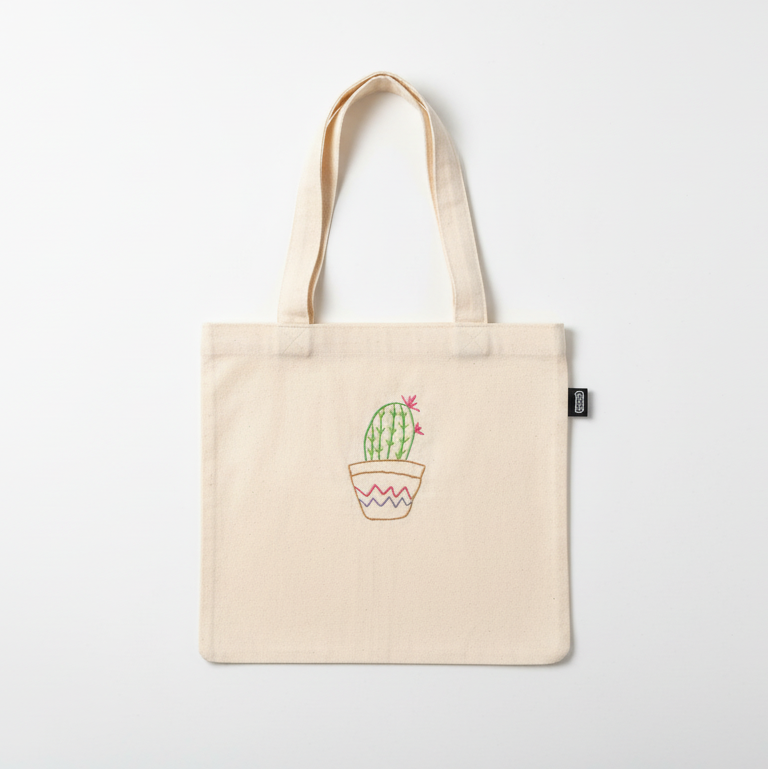 Cream beige canvas tote bag with embroidered cactus on white background