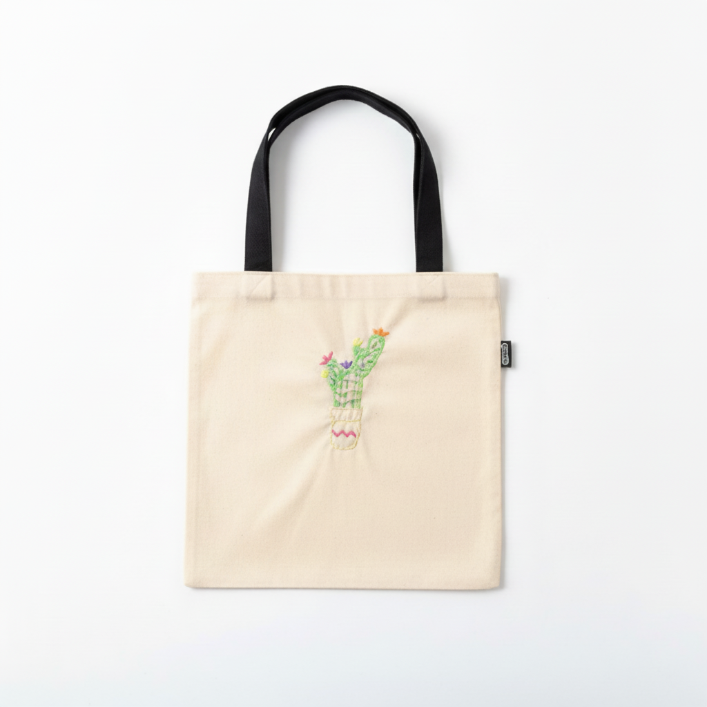 Cream beige canvas tote bag with embroidered flowering cactus on white background