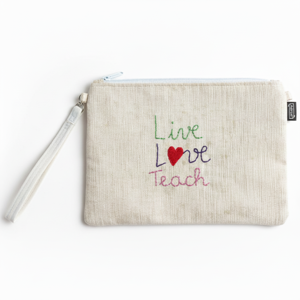 Cream beige woven wristlet clutch with Live Love Teach embroidery on white background