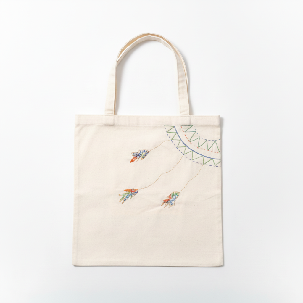 Cream white canvas tote bag with embroidered butterflies on white background