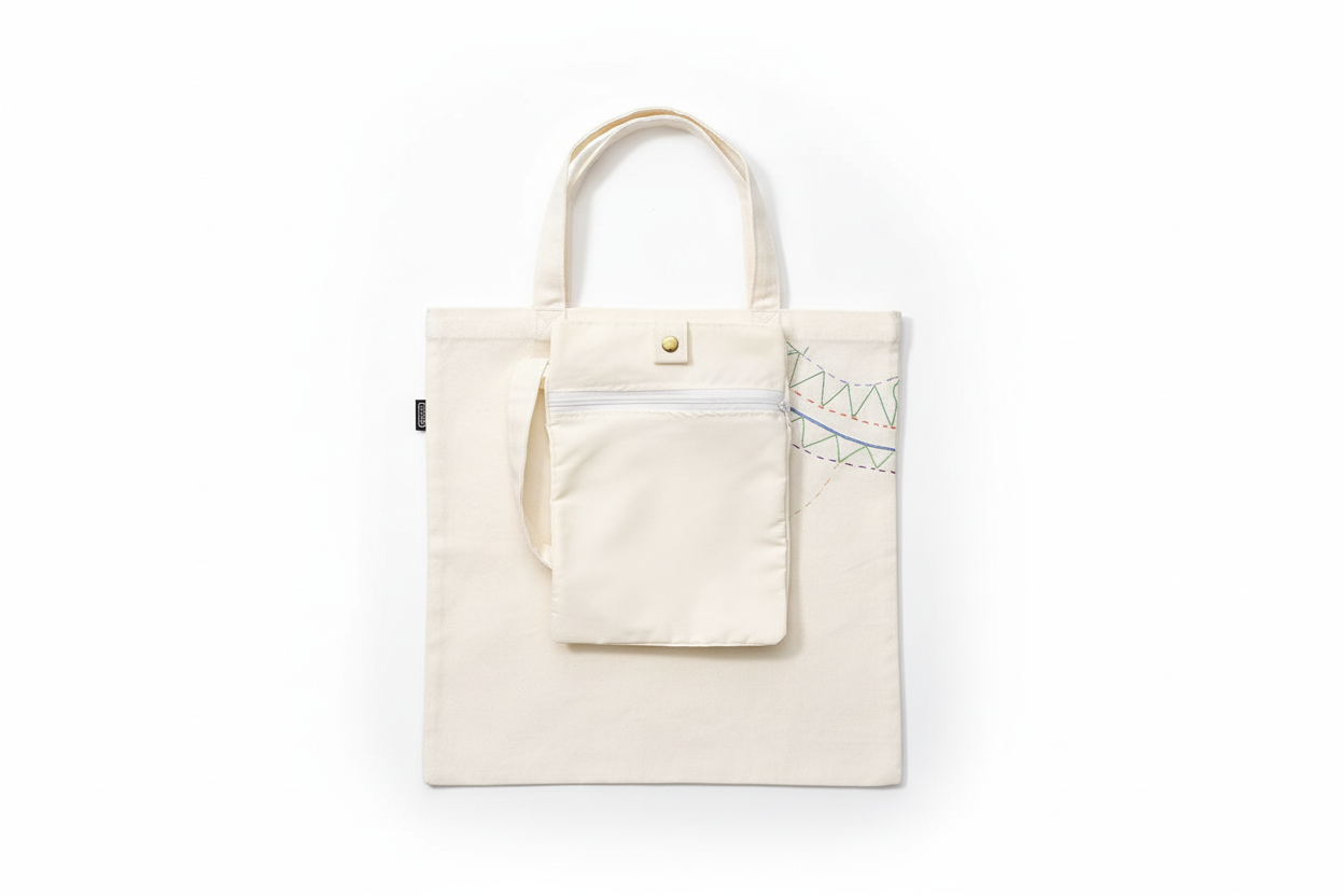 Cream white canvas tote bag with zippered pouch on white background