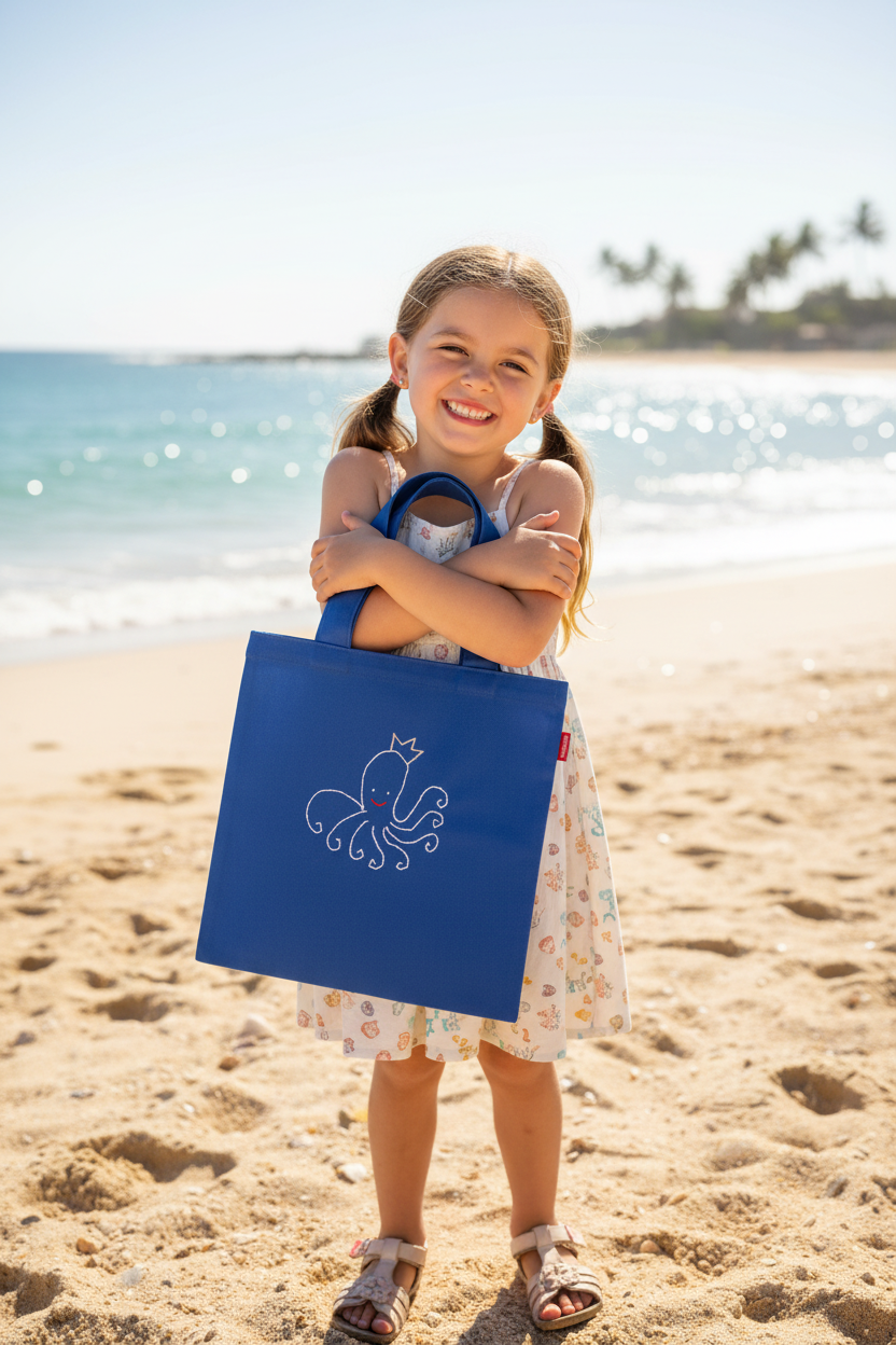 Cute girl at the beach with tote bag