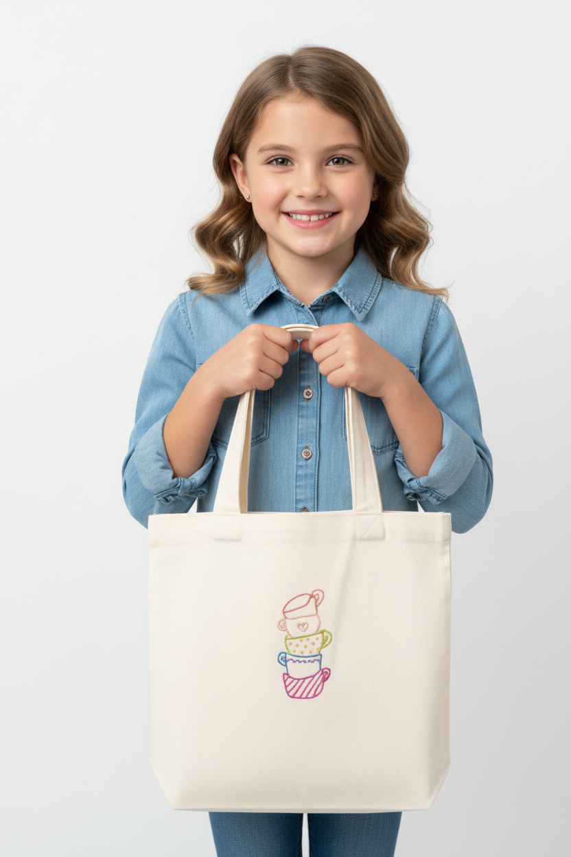 Cute girl holding cream white canvas tote bag with embroidered stacked teacups